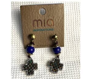 Mia Inspirations Inlay Cross Blue Bead Drop Dangle Post Earrings